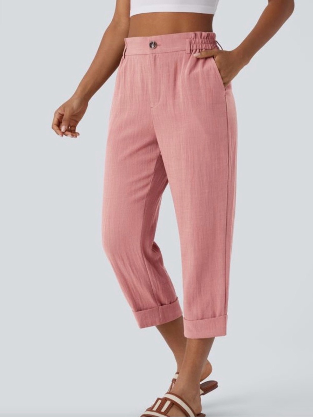 LOT OF 2: Halara High Waisted Zipper Pocket Cropped Linen-Feel Pants NWT Size L